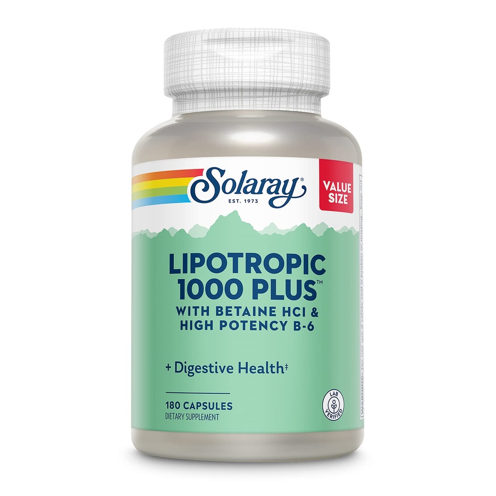 SOLARAY Lipotropic 1000 Plus med Betaine HCl & High Potency B- 6, sund fordøjelse, energi, og fedt stofskifte support, Lipotropic Complex Plus Aloe Vera, 60 dag garanti, 30 Servering, 180 kapsler