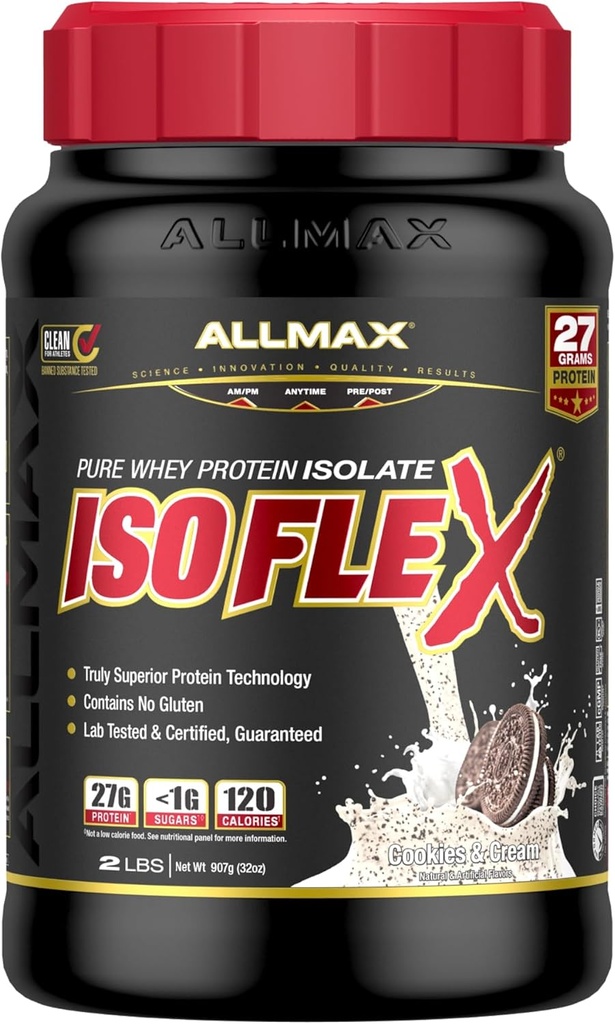 ALLMAX Nutrition ISOFLEX Whey Protein Isolate, Cookies & Cream - 2 LB - 27 Bedste Protein Per Scoop - Zero Fat & Sugar - 99% Lactose Free - Gluten Free & Soy Free - Ca. 30 Servere