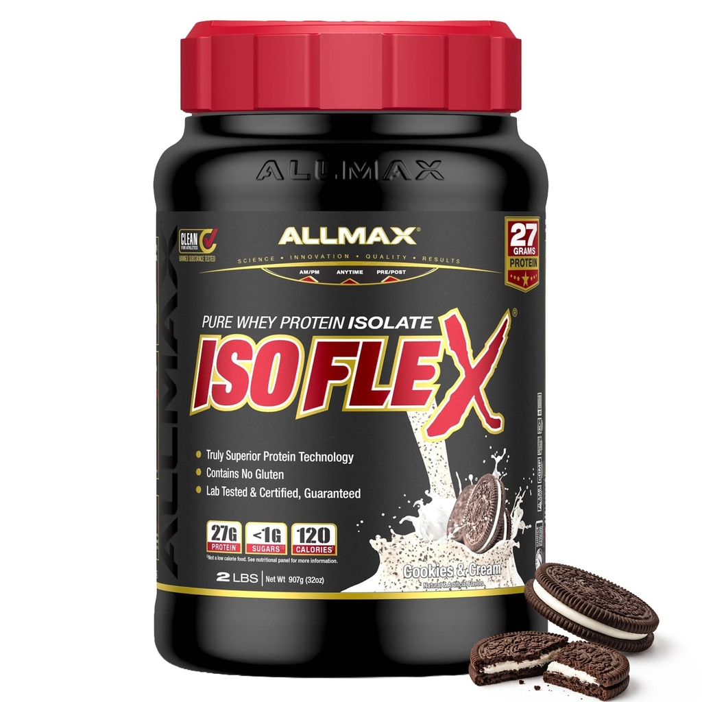 ALLMAX Nutrition ISOFLEX Whey Protein Isolate, Cookies & Cream - 2 LB - 27 Bedste Protein Per Scoop - Zero Fat & Sugar - 99% Lactose Free - Gluten Free & Soy Free - Ca. 30 Servere