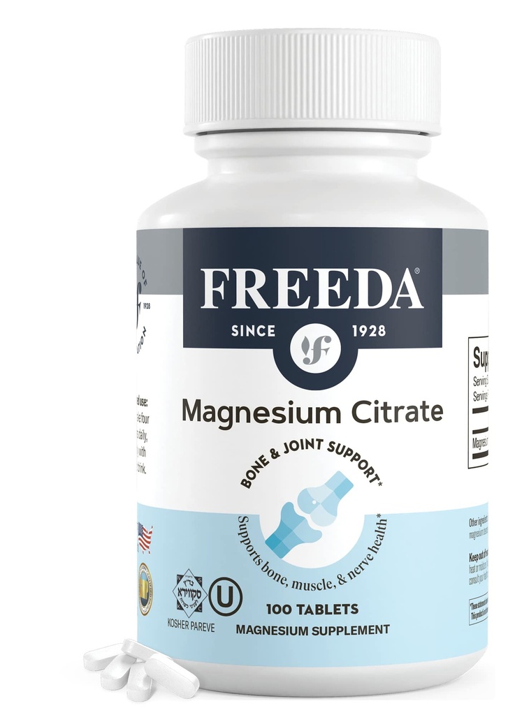 Freeda Magnesium Citrate 400 mg overtrukne tabletter - High Absorption Supplement for Muscle, Nerve & Relaxation Support - Vegan, Gluten- Free, Kosher - 100 Greve