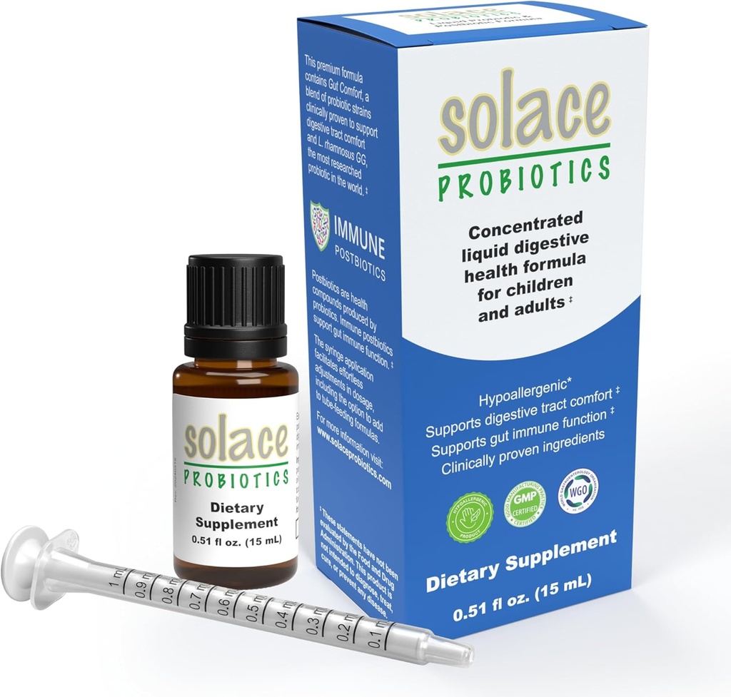 Solace Probiotika flydende formel for voksne og børn - Koncentreret blend for fordøjelse sundhed og immunitet, Klinisk researched, Easy Springe ansøgning, Hypoallergen - 15ml