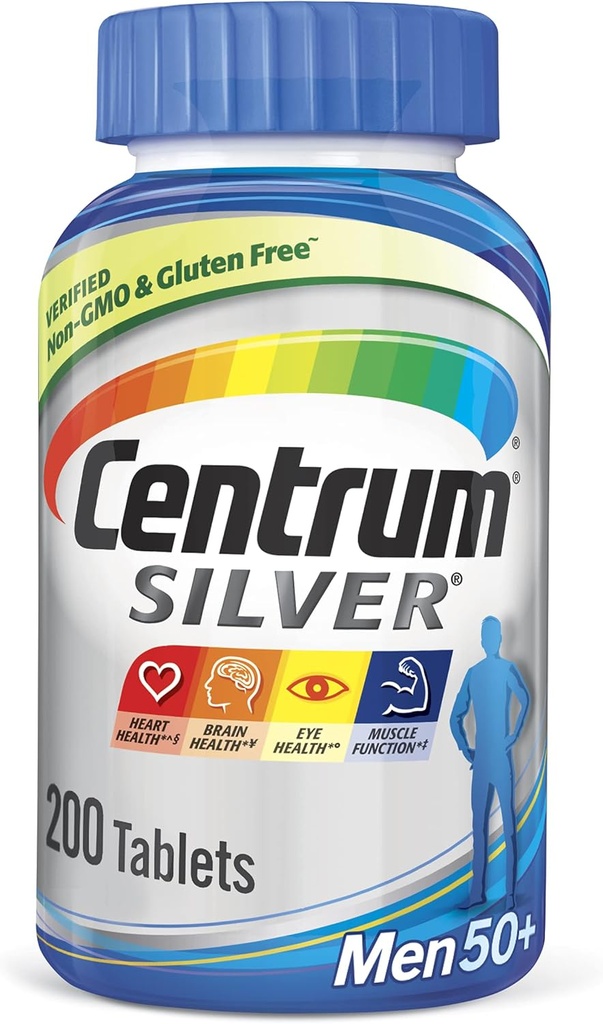 Centrum sølv Multivitamin til mænd 50 Plus, Multivitamin / multimineral supplement med vitamin D3, B Vitamin og zink, Gluten fri, non-GMO ingredienser - 200 Greve