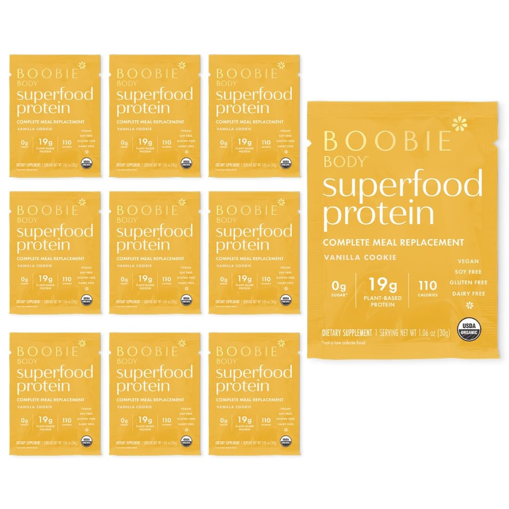 Boobie Body Superfood Protein Shake for Moms, Graviditet og Amning Support Protein Powder at øge mælkeforsyning, Probiotika, Økologisk, Dairy- Free, Gluten- Free Vegan Vanilla Cookie Single Srv 10pk