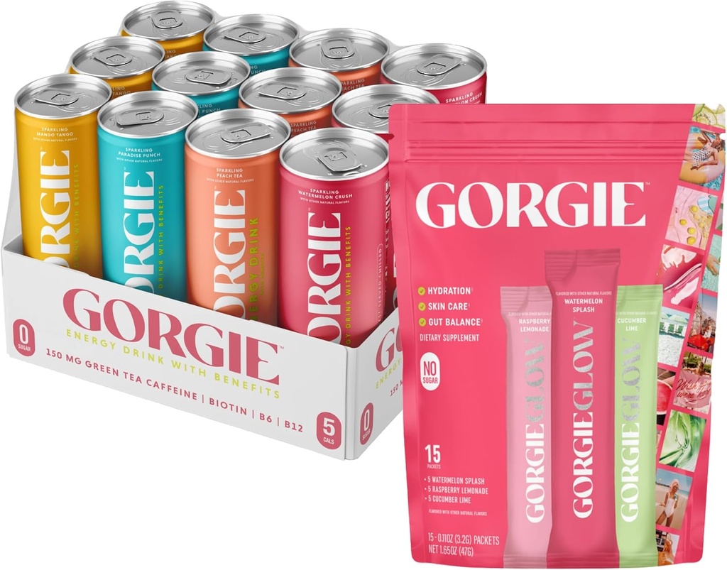 GORGIE sort, sukkerfri naturlig energi drik og Glow sort Pack 15, elektrolytpulver sund drik mix
