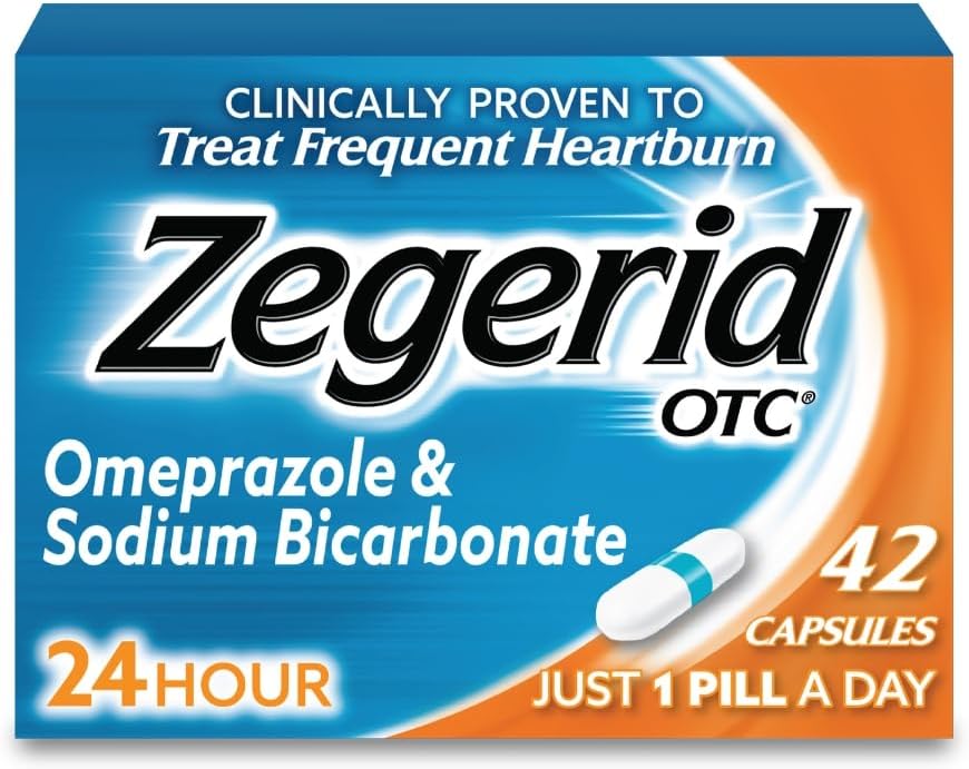 Zegerid OTC, 24- timers Heartburn Relief, Acid Reflux Medicine og Antacida, Treats Hyppig Heartburn, Omeprazol 20mg + natriumbicarbonat, Proton Pump Inhibitor (PPI), 42 Kapsler