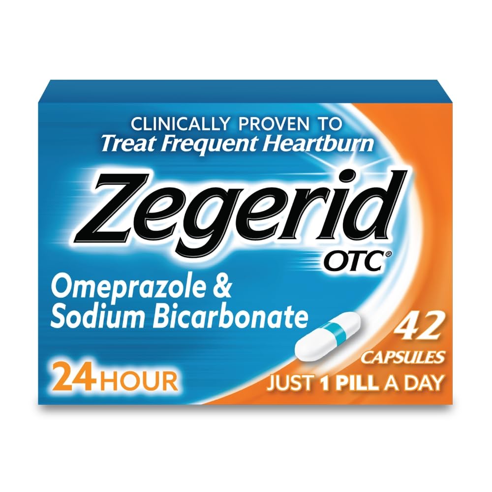 Zegerid OTC, 24- timers Heartburn Relief, Acid Reflux Medicine og Antacida, Treats Hyppig Heartburn, Omeprazol 20mg + natriumbicarbonat, Proton Pump Inhibitor (PPI), 42 Kapsler