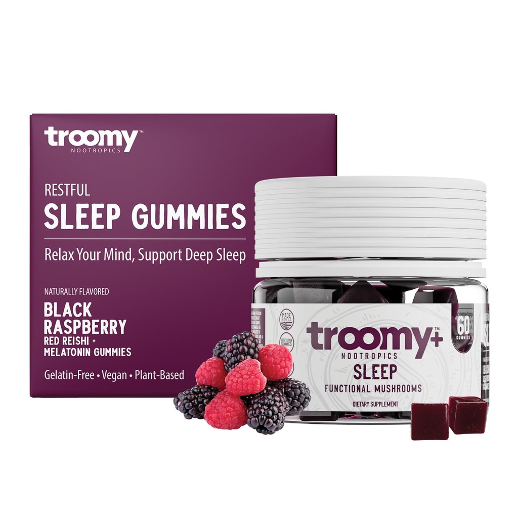 Troomy Sleep Gummies for Adults and Kids, Great Tasting Black Raspberry, Red Reishi Mushroom, Easy Restful Natural Sleep Aid, 60 Count
