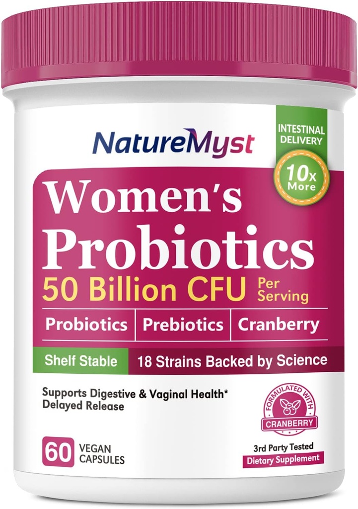 Kvindeprobiotika, 50 billioner CFU, 18 Strops til kvinder, Plus Prebiotic & Cranberry, Support fordøjelse, Vaginal & Urinary Health, Hylde Stable, 60 Forsinket Release Vegan Caps