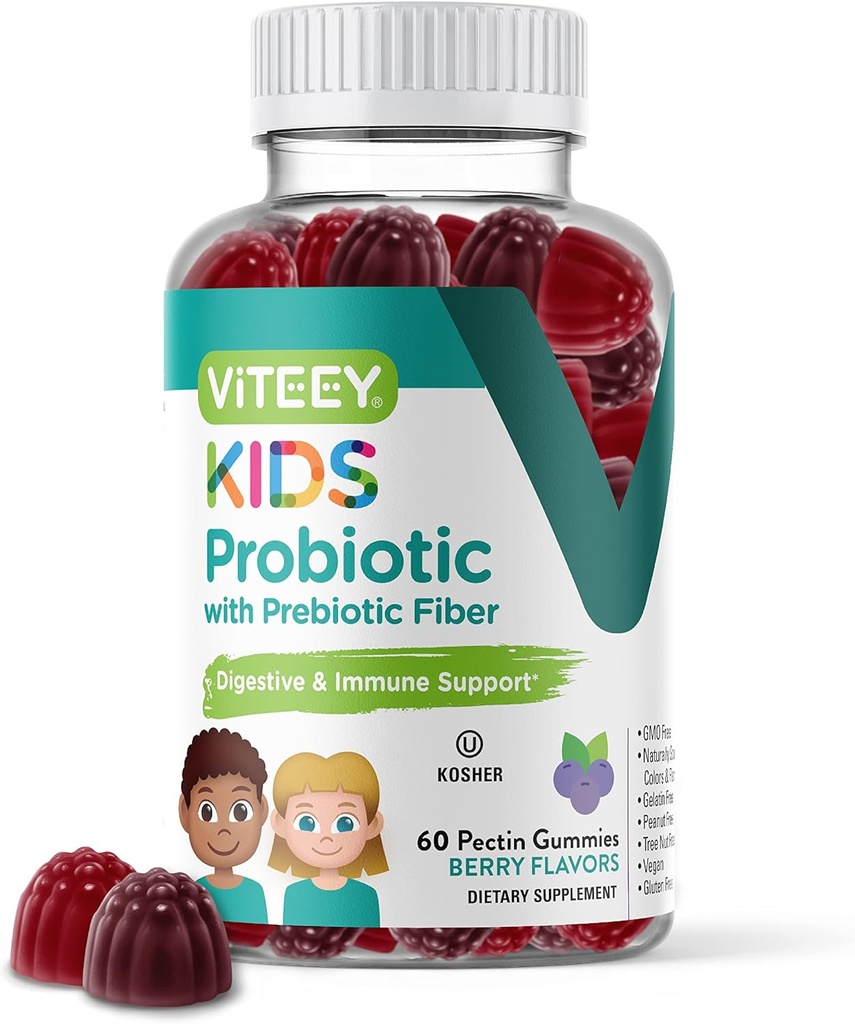 Viteey Probiotic Gummies for Kids Plus Prebiotics Fiber - 2 milliarder CFU 'er - fordøjelsessygdomme, Gut Health, Forstoppelse Relief for Kids Support - Vegan, Gelatine Free - Chewable Probiotic Berry Flavored