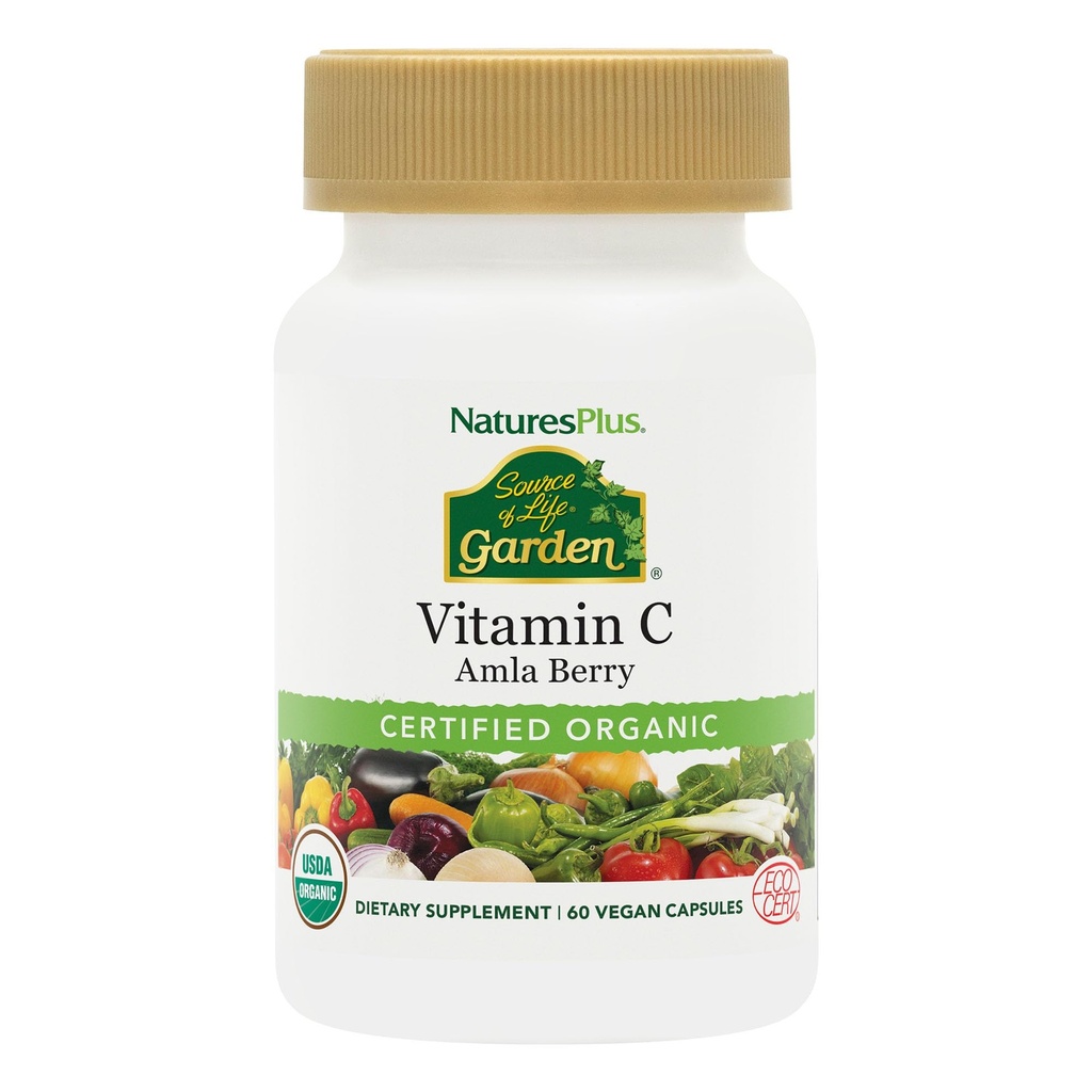Natures Plus Kilde of Life Garden Certified Organic Vitamin C - 500 mg, 60 Veganske Kapsler - Whole Food Immunity Support, Antioxidant - Vegetar, Gluten- Free - 30 Servere