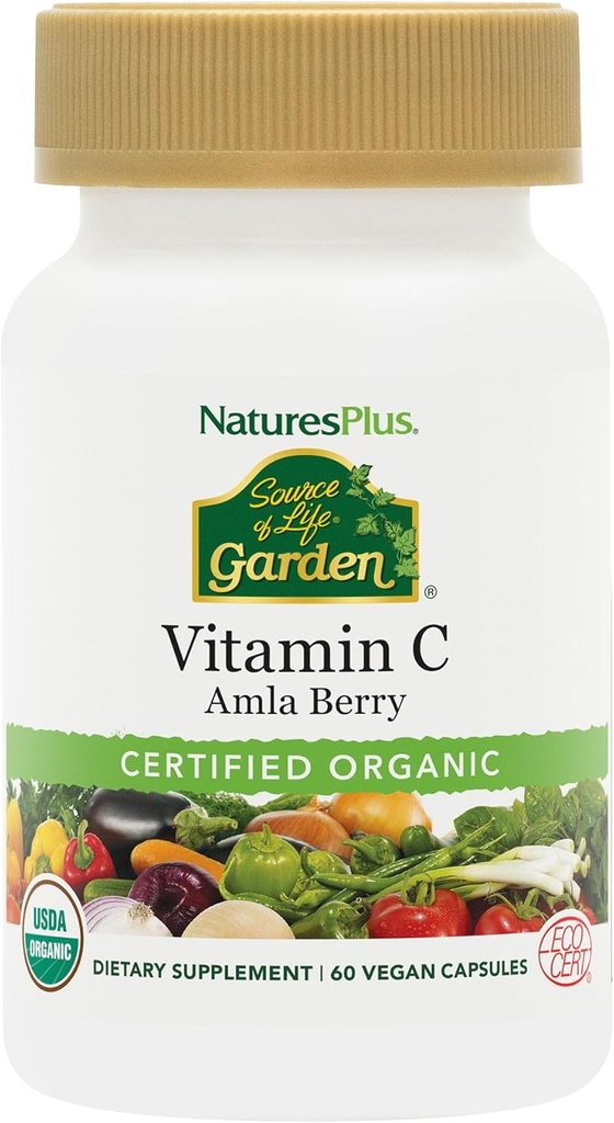 Natures Plus Kilde of Life Garden Certified Organic Vitamin C - 500 mg, 60 Veganske Kapsler - Whole Food Immunity Support, Antioxidant - Vegetar, Gluten- Free - 30 Servere