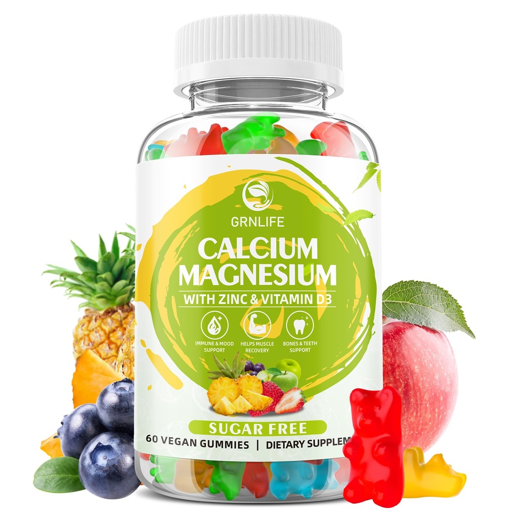 Calcium Magnesium Zink tillæg med vitamin D3, sukker gratis Calcium gummier for kvinder Mænd, høj potens Magnesium gummier for ben & muskel & immunforsvar sundhed, blandet smag - 60 Tæl