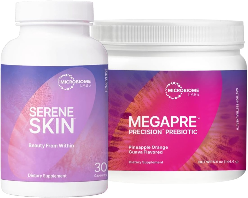 Microbiome Labs Skin Support Bundle - SereneSkin Clear Skin Probiotic Supplement Shown to Help Reduce Fine Lines (30 Capsules) - MegaPre Prebiotic Powder for Gut Health (2.1oz)