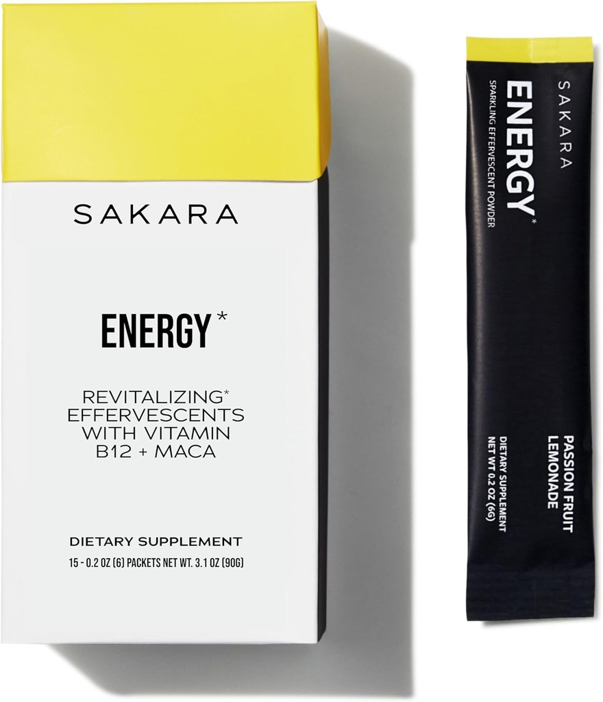 SAKARA Energy Effervescents, 15 Pakker - Raffineret sukker fri elektrolytter pulver pakker med vitamin B12 & L Theanin, aromatiseret vand pakker, hydrering pulver, energi drik elektrolytpulver