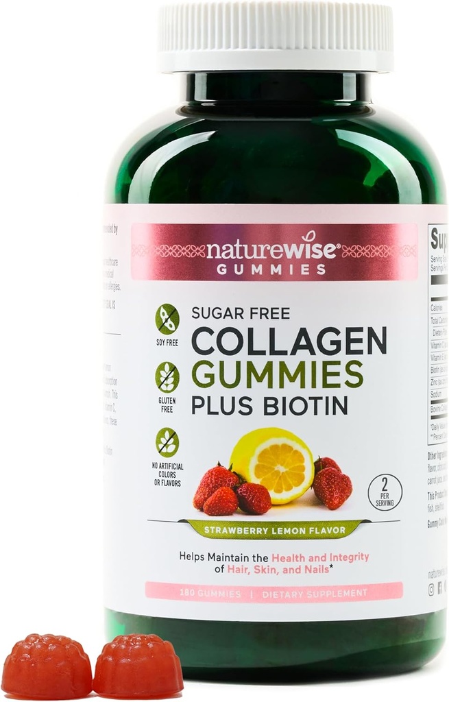 NatureWise Collagen Gummies - Sugar- Free Hydrolyzed Collagen Gummies - Type 1 & 3 Peptider til kvinder + Biotin, C-vitamin, E, & Zink til hår hud og negle Support - 180 Greve [3-måned Tilgang]