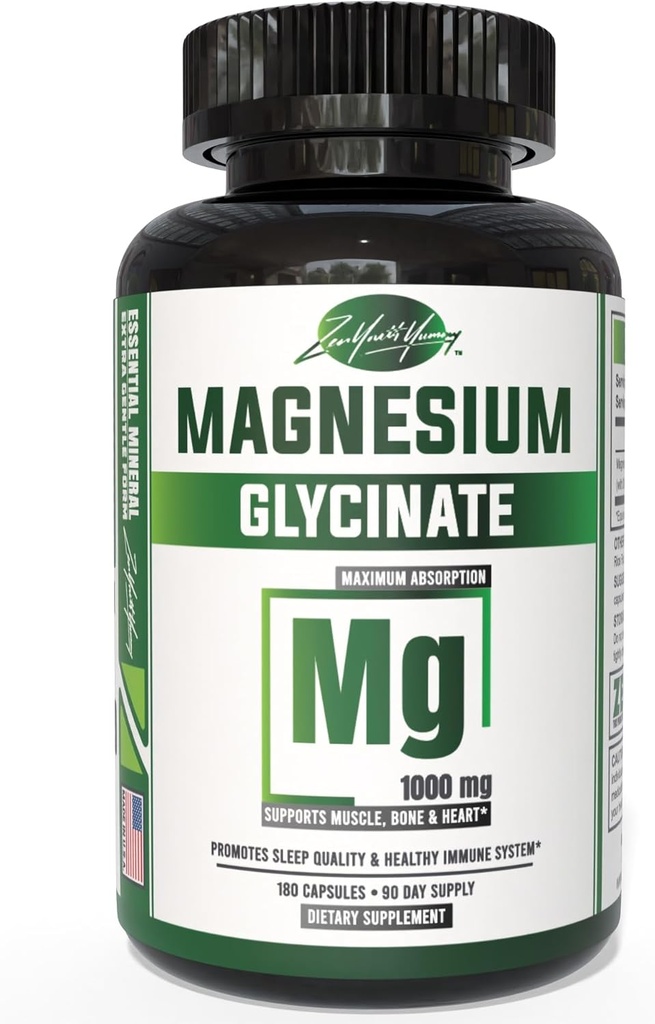 ZATUR Pure Magnesium Glycinat Kapsler 1000mg Maksimal styrke, Chelated for High Absorption Magnesium supplement til søvn, muskel, hjerne, ben og hjerte sundhed, 3. part testet, 180 kapsler