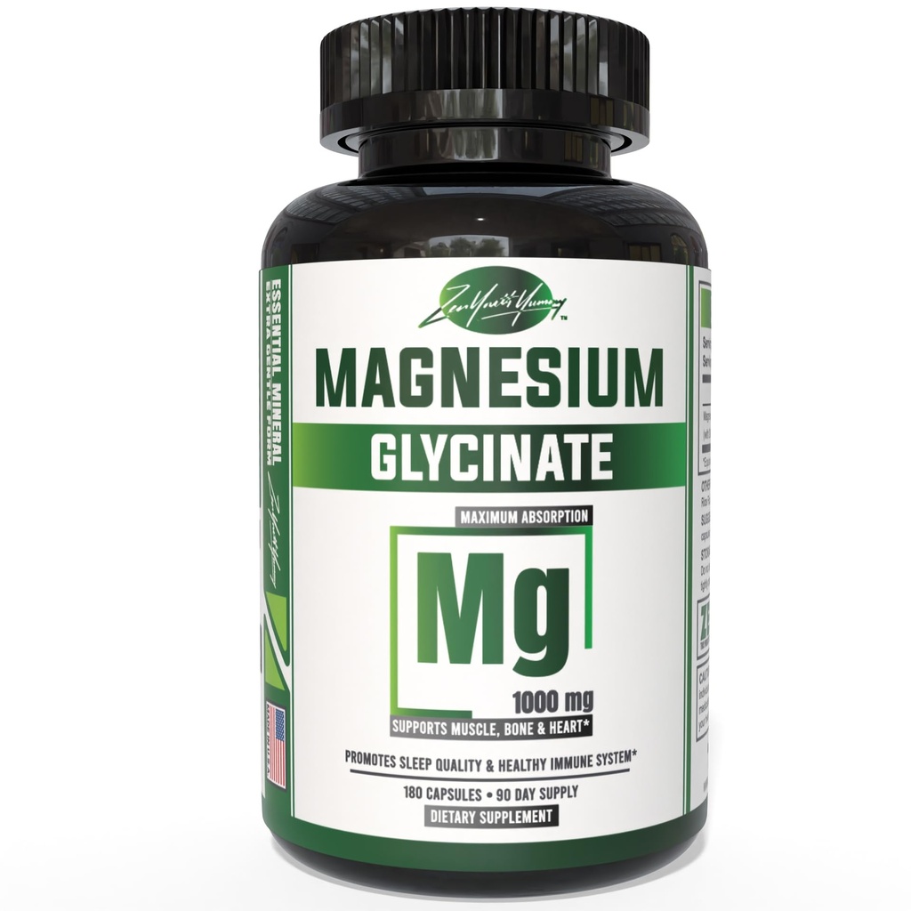 ZATUR Pure Magnesium Glycinat Kapsler 1000mg Maksimal styrke, Chelated for High Absorption Magnesium supplement til søvn, muskel, hjerne, ben og hjerte sundhed, 3. part testet, 180 kapsler