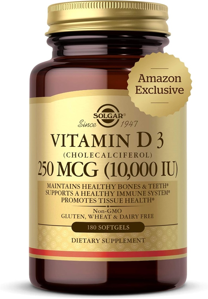 Solgar vitamin D3 Cholecalciferol 250 MCG 10000 IE Softgels Hjælper med at bevare sunde knogler tænder immunsystem support non-GMO Gluten, Dairy Free Serveringer, 180 Greve