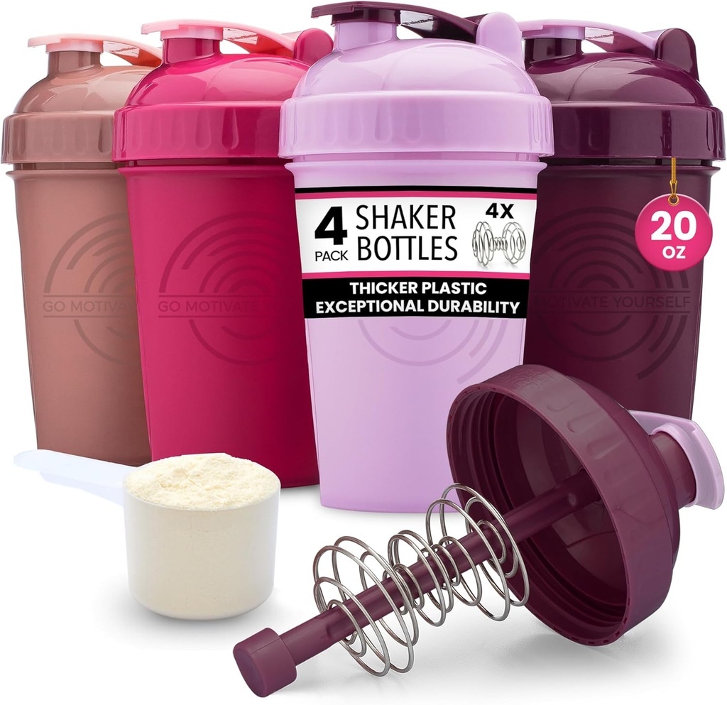 GOMOYO [4-Pack] 20-Ounce Shaker Bottle | Protein Shaker Bottle with Action-Rod Wire Mixer | Shaker Cups are BPA Free and Dishwasher Safe | Rose, Plum, Raspberry, & Lavender