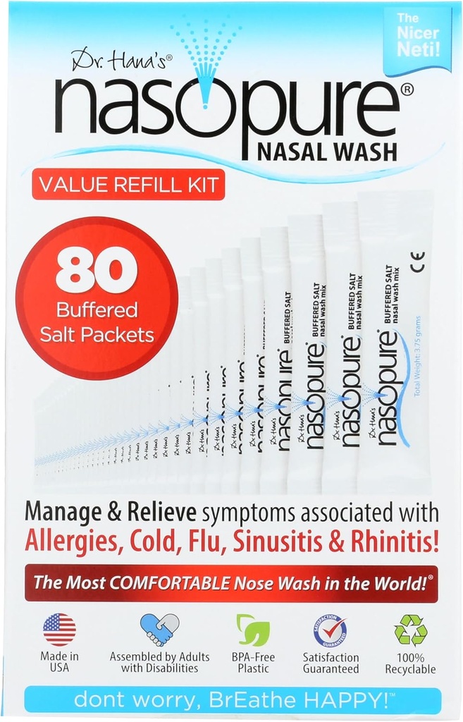 Nasopure Nasal Wash, Value Refill Kit, "The Nicer Neti Pot" Sinus Wash Kit, Komfortabel Nasal Rinse 80 saltpakninger (3.75 Bedste Hver), Nasal Congestion, Cold, Flu, Allergi, Nasal Vandingssystem
