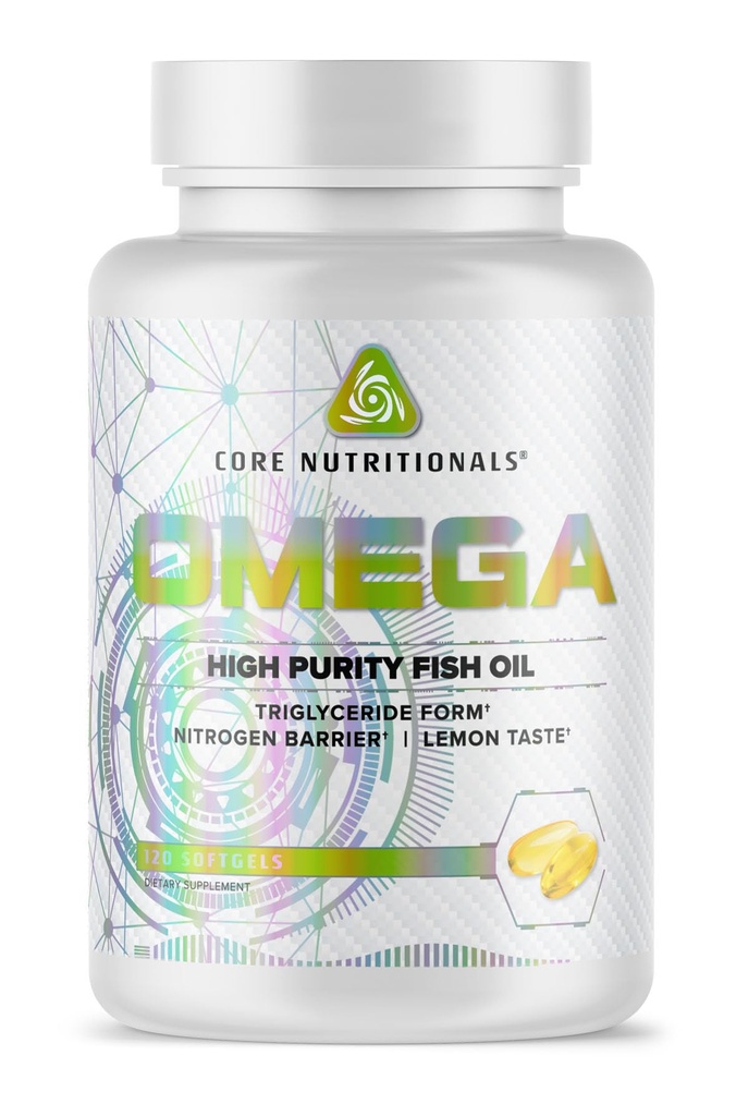 Core Nutritionals Omega High Renhed Fish Oil against 124; Triglycerid Form EPA & DHA against 124; 1300mg Omega- 3s against 124; Brain & Heart Health Support
