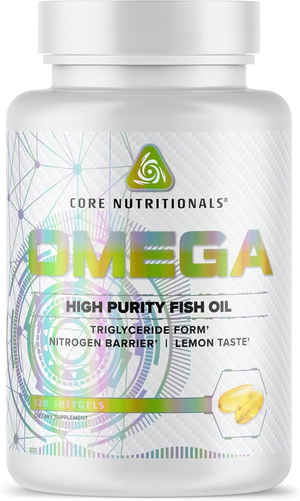 Core Nutritionals Omega High Renhed Fish Oil against 124; Triglycerid Form EPA & DHA against 124; 1300mg Omega- 3s against 124; Brain & Heart Health Support