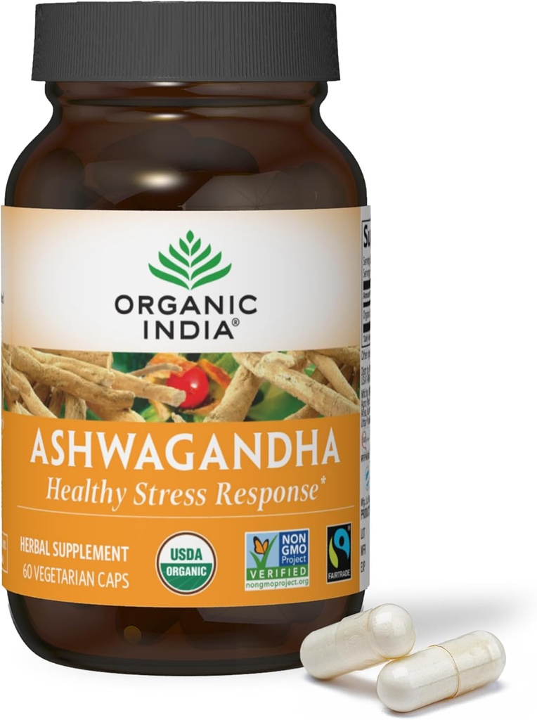 ORGANISK INDIA Ashwagandha Kapsler - Organic Ashwagandha Supplement - Vegan Ashwagandha Root, Gluten- Free, Kosher, Non- GMO, Understøtter Stress Relief, energi og søvn - 60 Kapsler