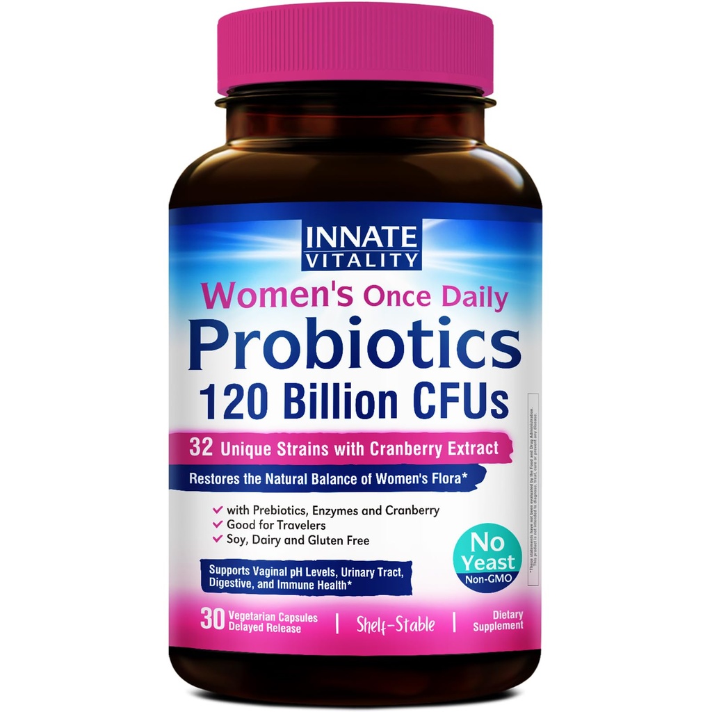 Innate Vitality Women 's Probiotics, 120 Millioner CFU, 32 Testede Strops, Probiotics for Women, Gær Control, Vaginal pH Support, Prebiotics, fordøjelige enzymer, Cranberry, Én gang daglig 30 Veggie kapsler