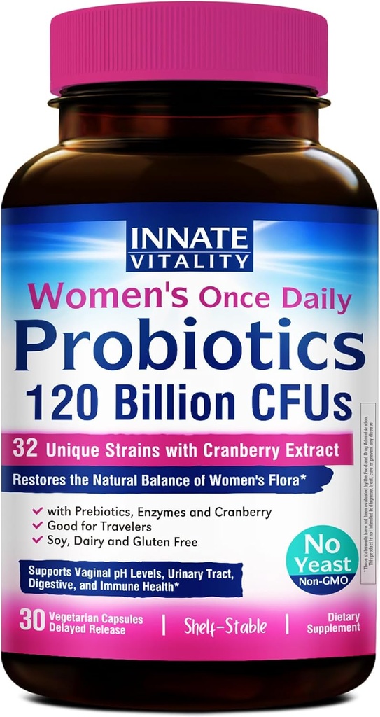 Innate Vitality Women 's Probiotics, 120 Millioner CFU, 32 Testede Strops, Probiotics for Women, Gær Control, Vaginal pH Support, Prebiotics, fordøjelige enzymer, Cranberry, Én gang daglig 30 Veggie kapsler