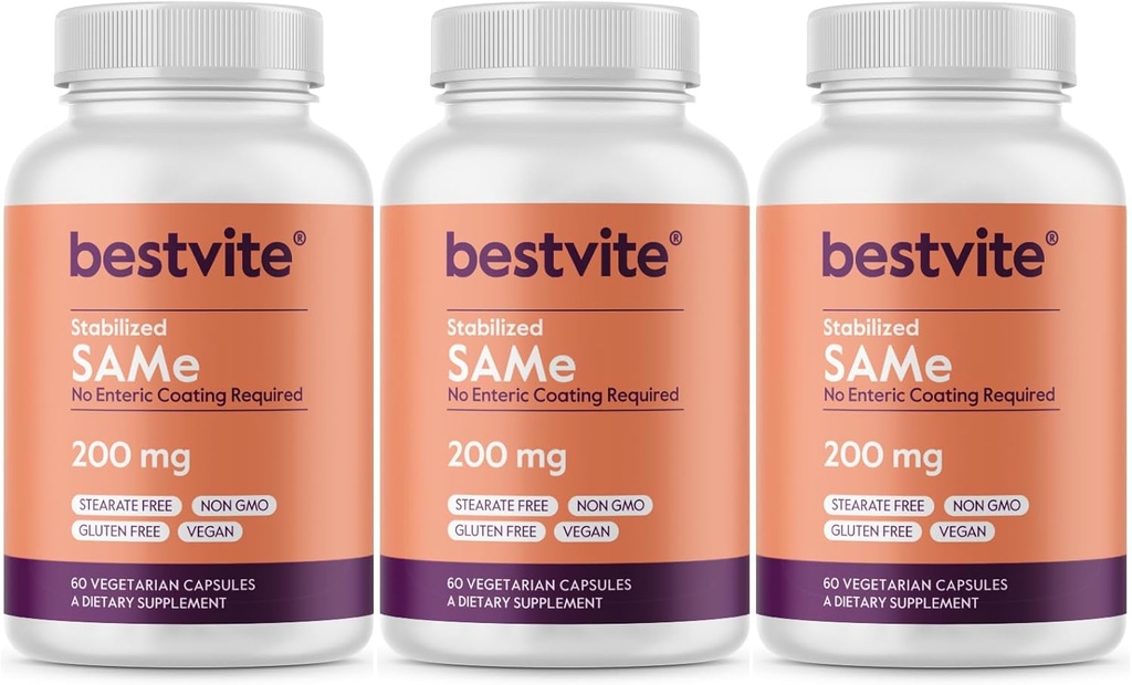 BESTVITE SAM- e 200mg stabiliseret (180 vegetariske kapsler) (3- Pack) - Premium Ingredient fra Italien indeholdende mere end 75% (SS) SAM- e, Det højeste aktive niveau til rådighed