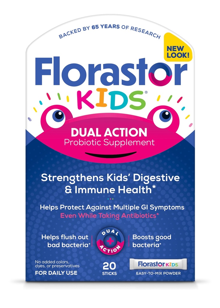 Florastor Kids Dual Action Probiotisk supplement, Styrker børns fordøjelse og immunforsvar, 20 Easy- at blande pulver sticks, Packaging May Vary
