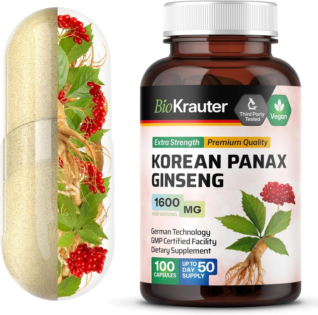 BIO KRAUTER Koreansk Røde Ginseng Kapsler - 1600 mg Styrke - 100 Tæl - Koreansk Panax Ginseng Supplement - Vegansk immunsupplement