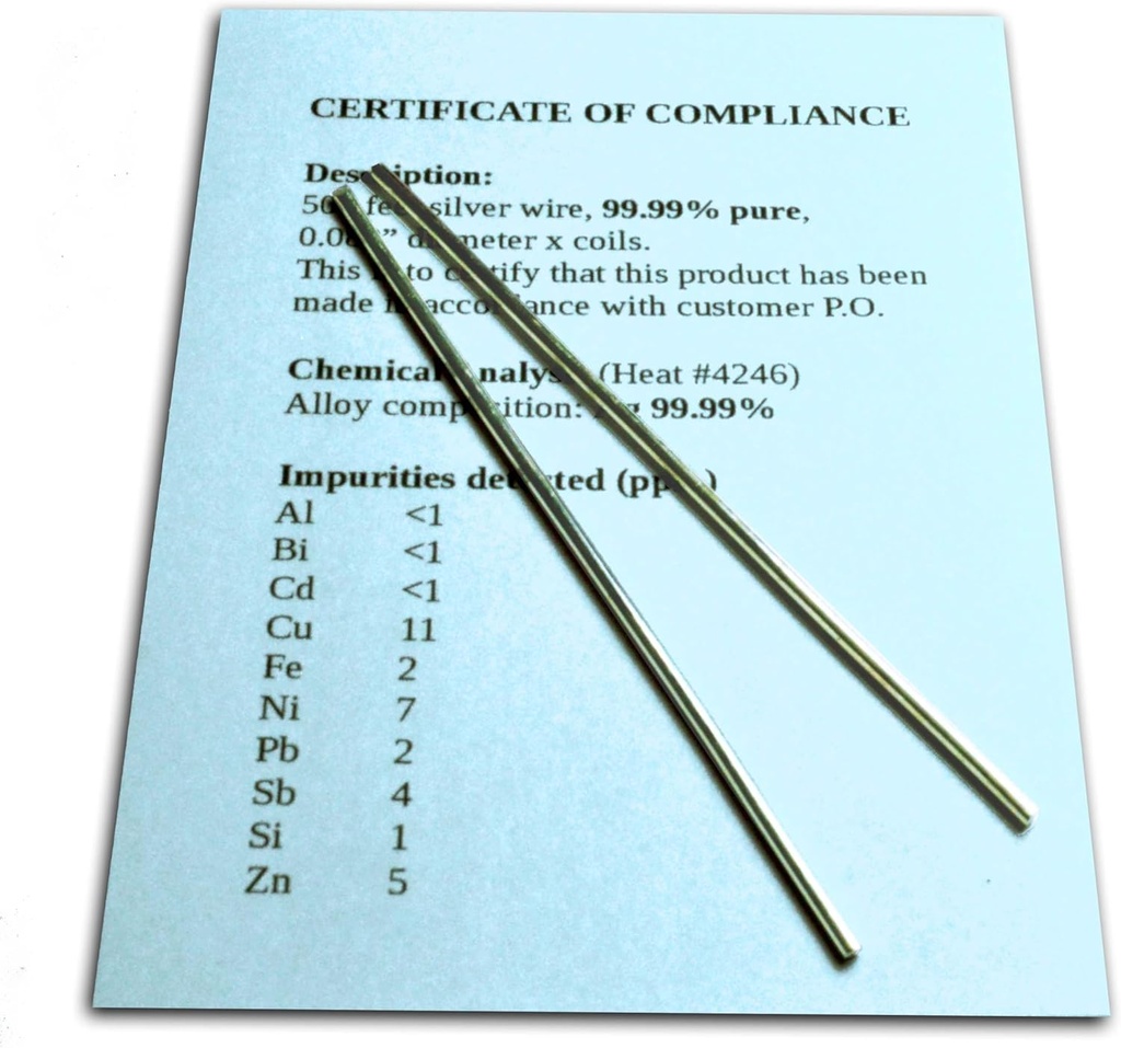 Kolloid sølv generator Wire Garanteret 99,99% Ren - Sæt af (2) 4 "Elektrode Rods 12- Gauge (0,08 i. / 2.06 mm) med overensstemmelsescertifikat / komplet kemisk analyse af Legering sammensætning