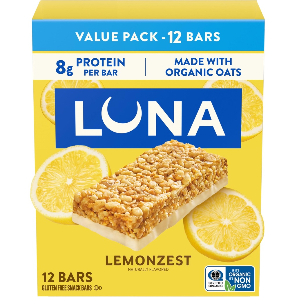 LUNA Bar - LemonZest Flavor - Gluten Free Snack Bars - Non-GMO - Protein Bars - Lavet med Økologisk Havre - Value Pack (12 Pack)