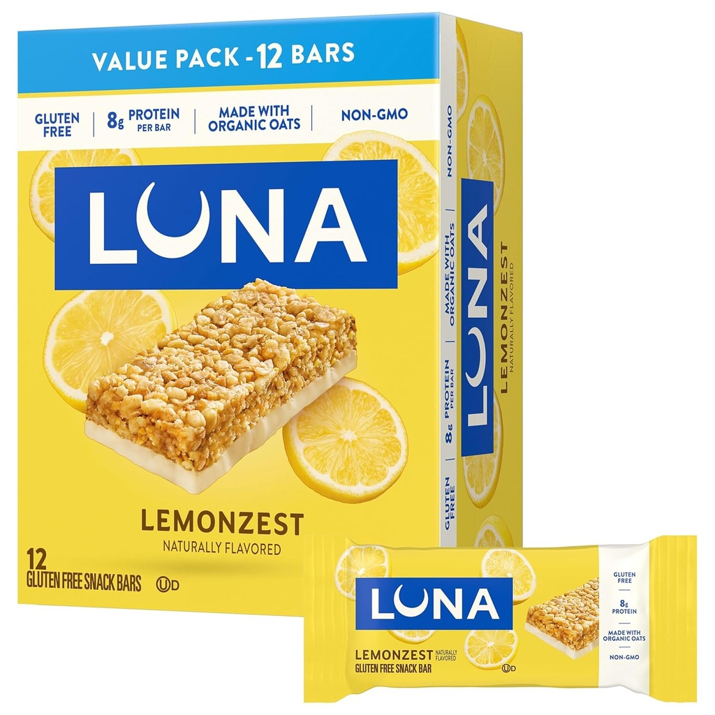 LUNA Bar - LemonZest Flavor - Gluten Free Snack Bars - Non-GMO - Protein Bars - Lavet med Økologisk Havre - Value Pack (12 Pack)