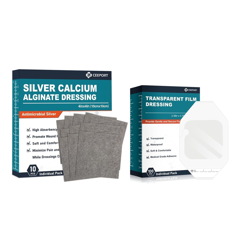 Sølv Calcium Alginate Dressing (4 "x4" 10pcs) + Transparent Film Dressing (2,36 "x 2,75" 100Pcs)