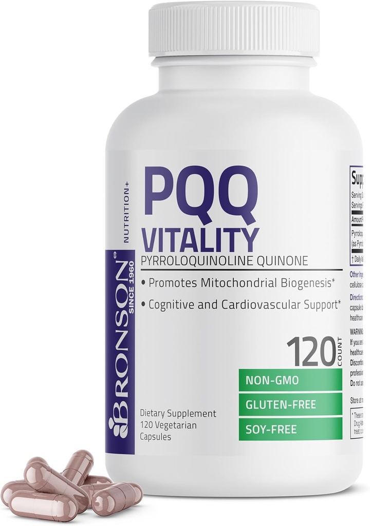 Bronson PQQ Vitality 20mg Pyroloquinoline Quinone Supplement Promotes Mitochondrial Biogenesis Non-GMO, 120 Vegetarian Capsules