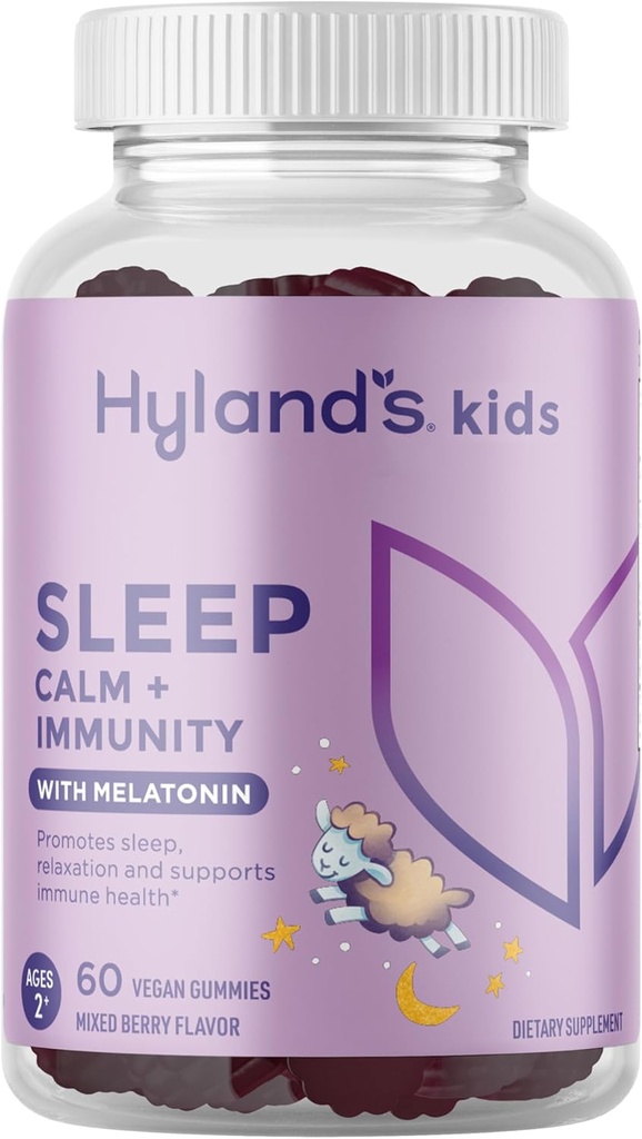 Hyland 's Kids Søvn rolig & Immunity Support med Melatonin, Sleep Aid Gummies med C-vitamin, zink, Elderberry & Kamille, Hjælper med søvnløshed og rastløshed, 60 Vegansk Gummies