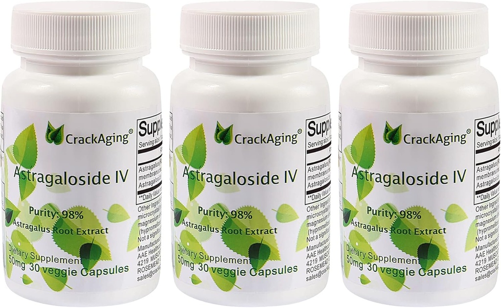 Crackaging Super- Absorption Astragalosid IV 98% Anti- Aging Kosttilskud til Voksen Immunstøtte 50mg / Cap 90 Caps i 3 flasker