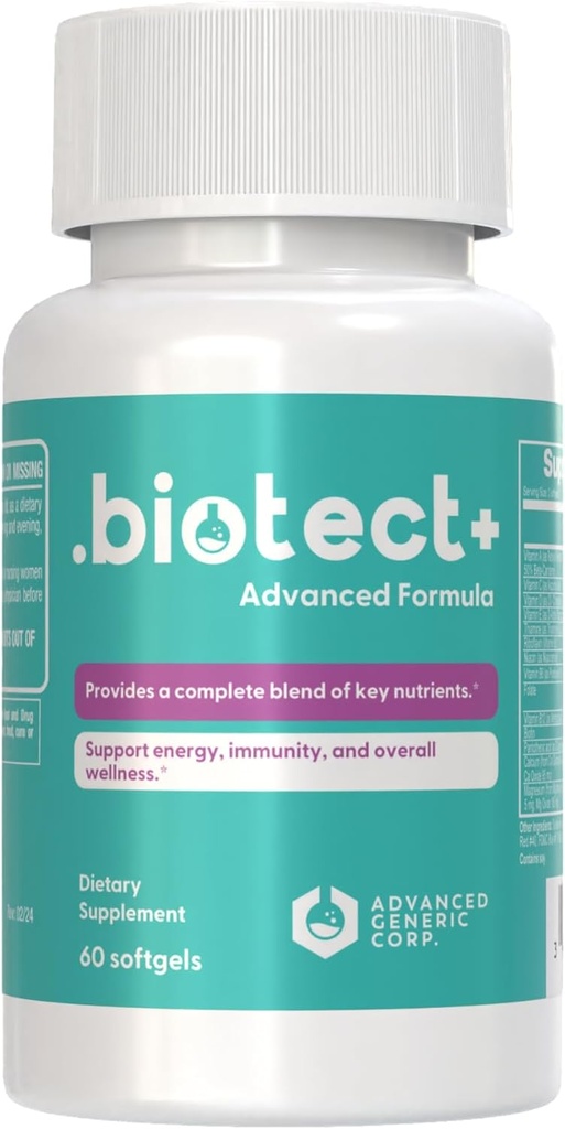 Biotekt + avanceret immunsupportformel - Komplet dagligt wellness supplement med essentielle næringsstoffer til energi, immunitet, og total sundhed - 60 Softgels, 30-dages forsyning