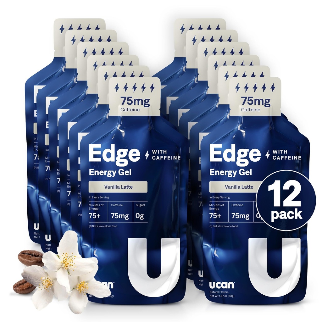 UCAN Edge Energy Gel Shots, Vanilla Latte + koffein (12, 2 Ounce Packets) til løb, træning, træning, Fitness, Cykling, Crossfit Medic124; Sugar- Free, Vegan, & Keto Friendly Energy