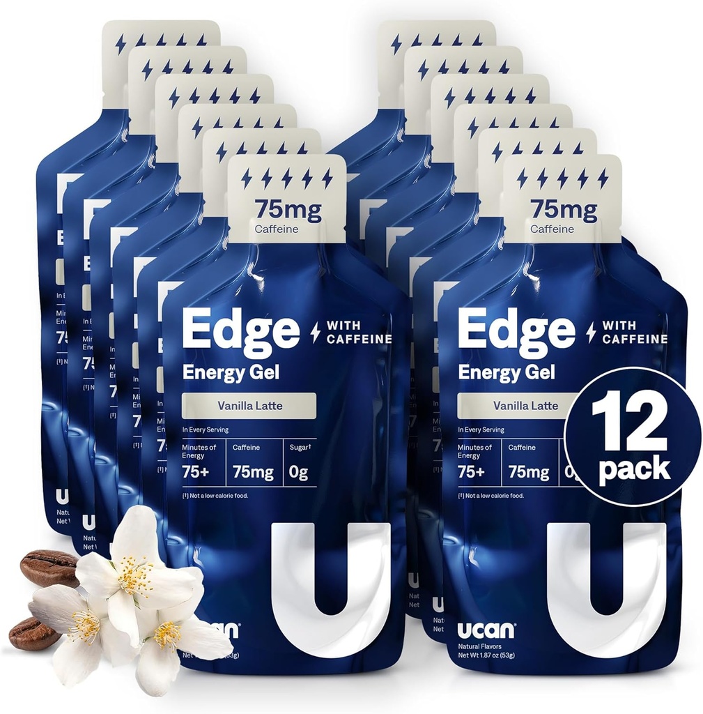 UCAN Edge Energy Gel Shots, Vanilla Latte + koffein (12, 2 Ounce Packets) til løb, træning, træning, Fitness, Cykling, Crossfit Medic124; Sugar- Free, Vegan, & Keto Friendly Energy