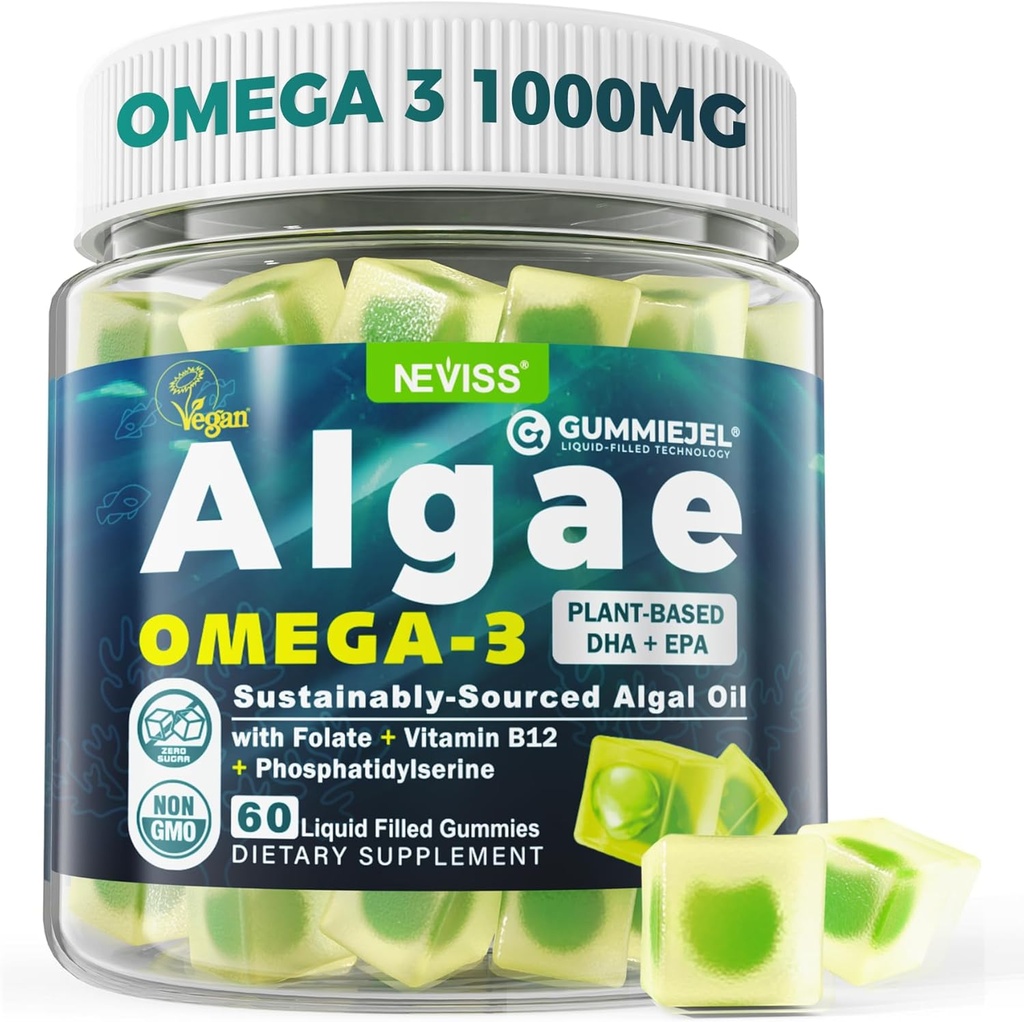 Alger Omega 3 Gummies 1000mg, Plant Based DHA 460mg & EPA 230mg, Omega 3 Fiskeolie Alternativ for voksne, Plus MethylFolate, Vitamin B12, Phosphatidylserin, Ingen Fishy Taste, Vegan, Sukker Free, 60 Cts