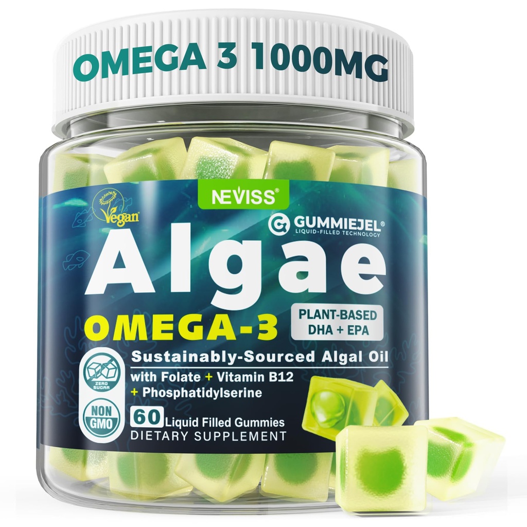 Vegan Omega-3 Gummies for adult, Fish Oil Alternative from Algae Oil, Plant Based DHA 460mg & EPA 230mg Plus MethylFolate, Vitamin B12, Phosphatidylserin, No Fishy Taste, Vegan, Sugar Free, 60 Cts