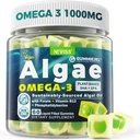Alger Omega 3 Gummies 1000mg, Plant Based DHA 460mg & EPA 230mg, Omega 3 Fiskeolie Alternativ for voksne, Plus MethylFolate, Vitamin B12, Phosphatidylserin, Ingen Fishy Taste, Vegan, Sukker Free, 60 Cts