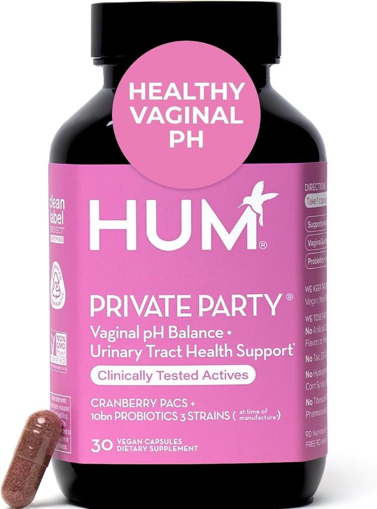 Hum Private Party Vaginal Probiotika for kvinder, pH Balance og Urinary Tract Support Vaginal Probiotic Supplement med Cranberry & Lactobacillus Blend, Kvinder Sundhed Cranberry piller, 30 Kapsler