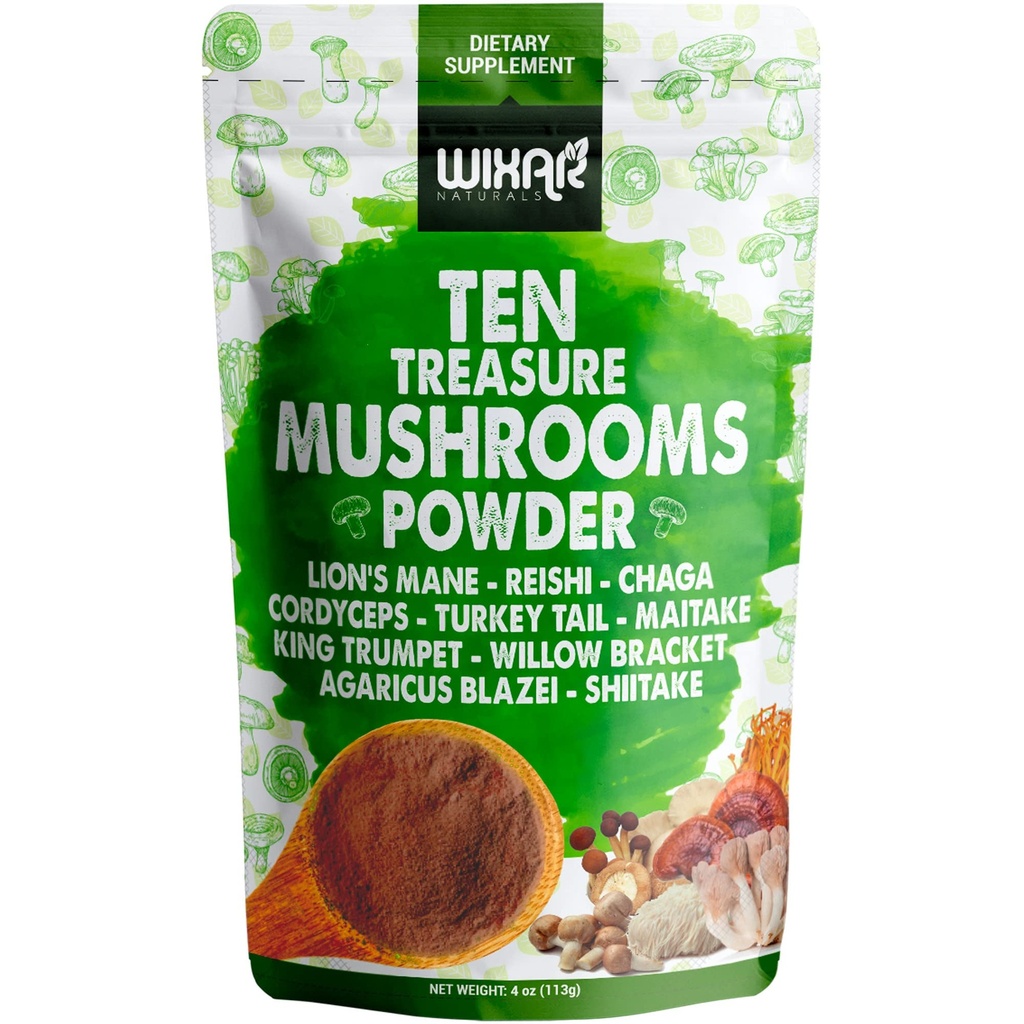 Wixar Mushroom Powder - Ten Treasure Mushrooms Extract Supplement Blend for Coffee & Smoothies - Lions Mane, Tyrkiet Hale, Reishi, Chaga, Shiitake, Cordyceps, Complex - 4oz Mushroom Supplement
