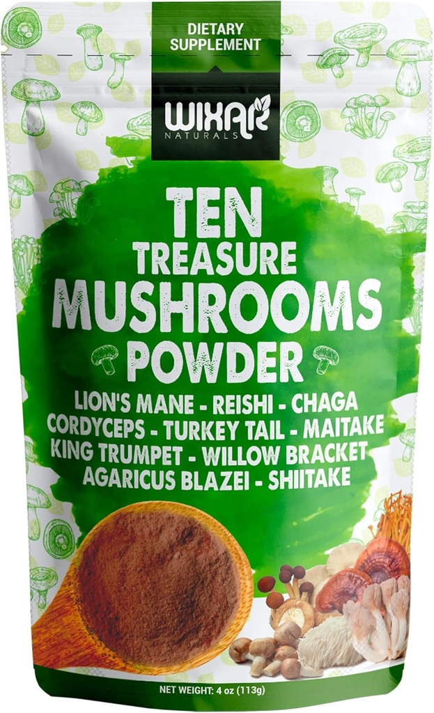 Wixar Mushroom Powder - Ten Treasure Mushrooms Extract Supplement Blend for Coffee & Smoothies - Lions Mane, Tyrkiet Hale, Reishi, Chaga, Shiitake, Cordyceps, Complex - 4oz Mushroom Supplement
