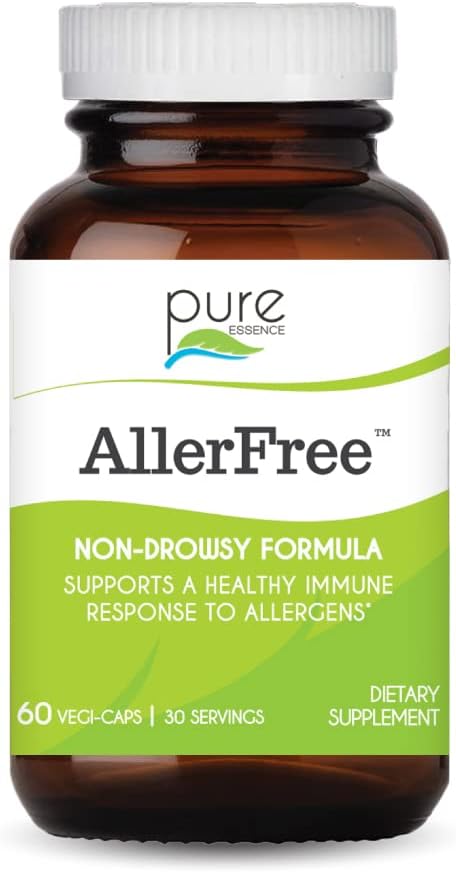 AllerFree Natural Allergy Support Support by Pure Essence Labs - Non Drowsy Pills for Sinus og Nasal Health Seasonal Allergier med enzymer og urter - 60 kapsler