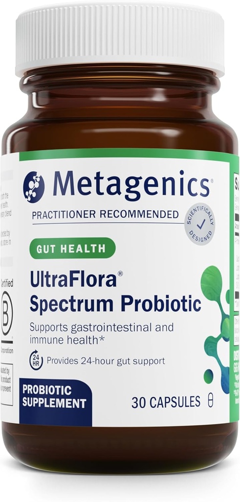 Metagenics UltraFlora Spectrum - Shelf- Stabil Probiotisk til Gut & fordøjelsesbesvær, sund mikrobiom & Flora Support * - Non- GMO & Gluten- Free - 1 - Måned Supply - 30 kapsler